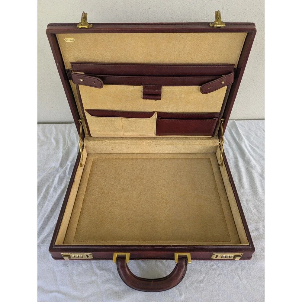 VTG TUMI Leather Attache Briefcase Burgundy Red Combination Lock Organizer Case